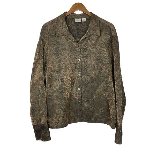 Chico’s | Sz 3 Black Gold Textured Reptile Print Long Sleeve Button Down Blouse - Picture 1 of 11